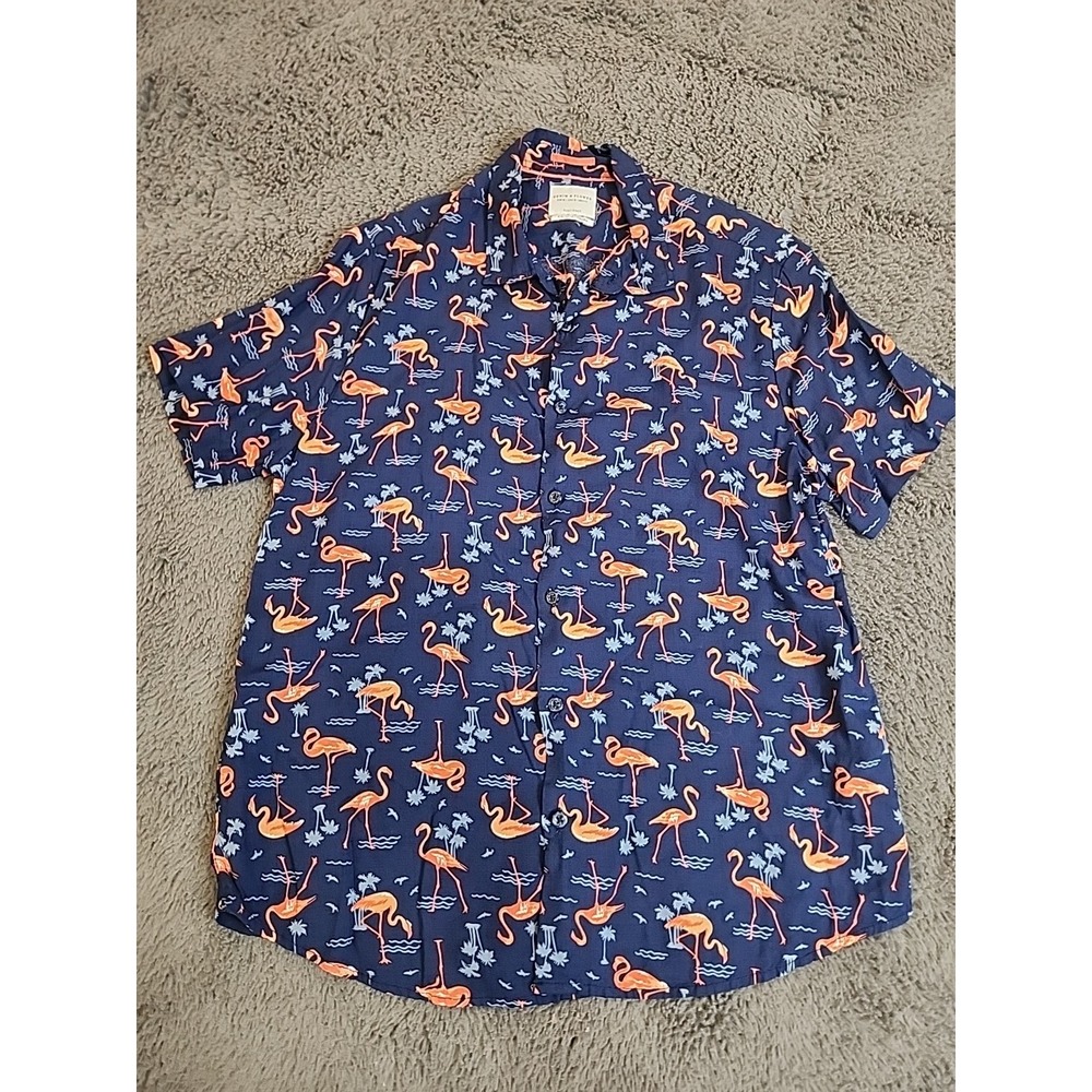 Denim & Flower Ricky Singh Mens M Blue Comfort Stretch Flamingo Print Button Up